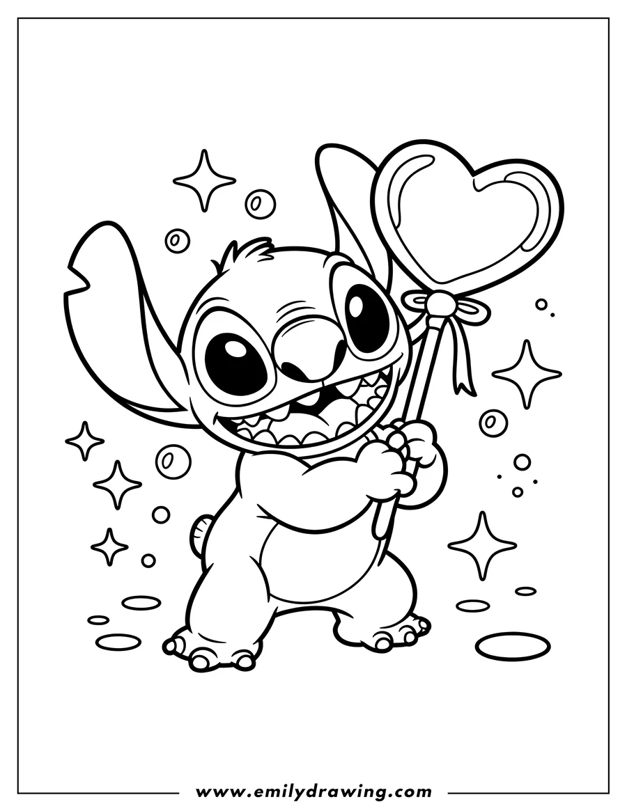 Line art of Stitch holding a large heart-shaped lollipop, surrounded by sparkles.
