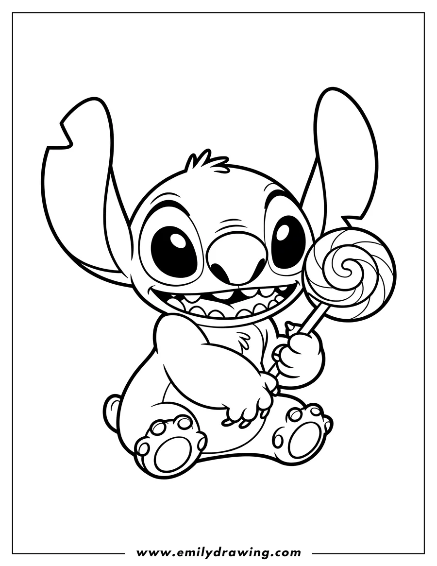 Line art of Stitch sitting and holding a lollipop.