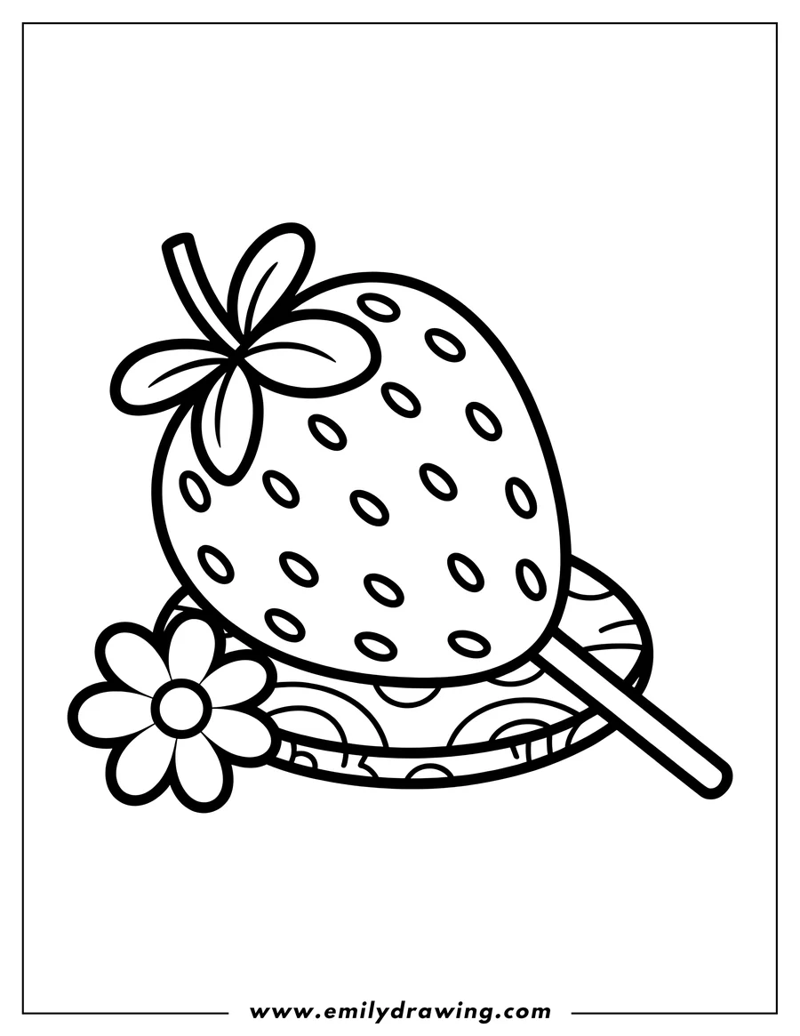 Line art of a strawberry lollipop on a decorated coaster with a small flower beside it.