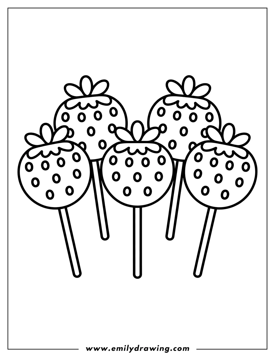 Outline of five strawberry lollipops.