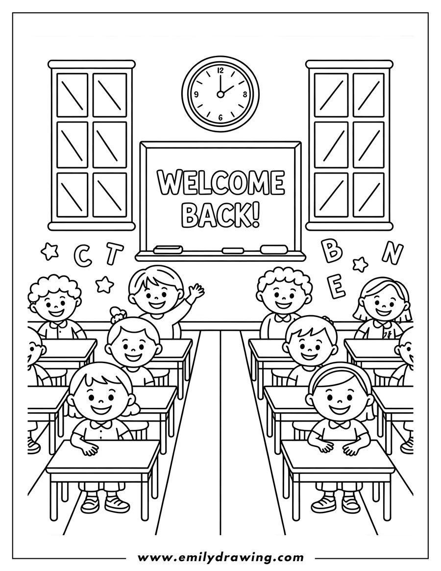 Outline of happy students sitting at desks in a classroom, ready to learn. A welcome back message is written on the board.