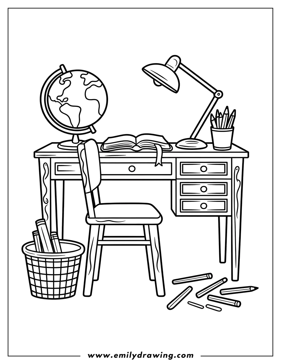 Line art of a study desk scene. The desk holds an open book, a globe, a lamp, and a cup of pencils. A chair sits next to the desk, with a basket of books under it. Scattered crayons are on the floor.