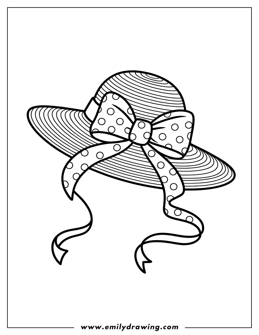 Line art of a wide-brimmed summer hat with a polka-dotted bow.