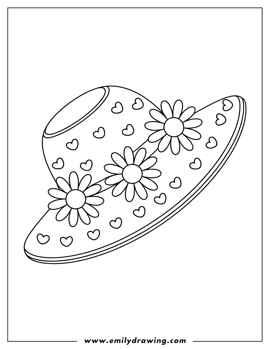 Line art of a summer hat decorated with flowers and hearts.
