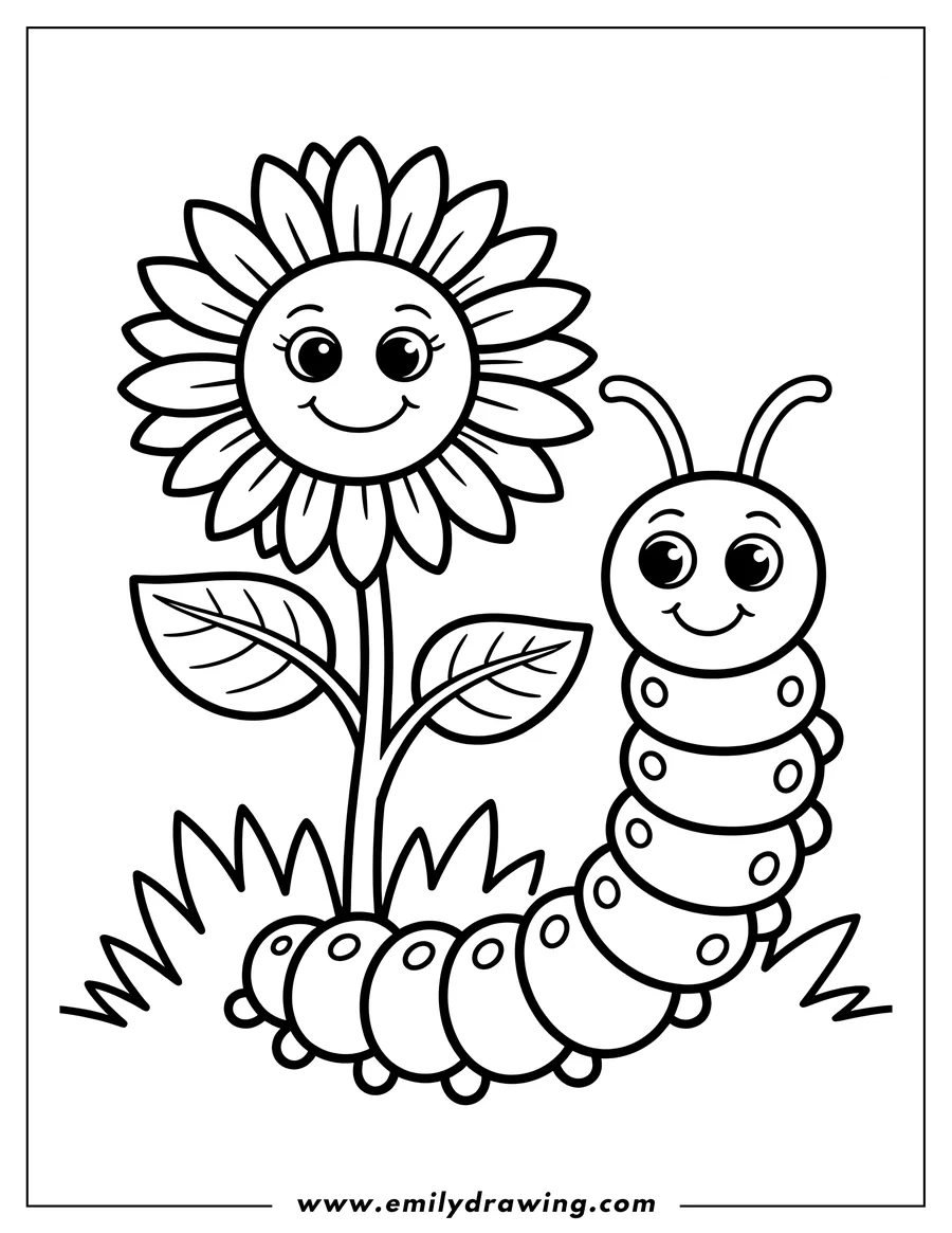 Outline of a smiling sunflower and a friendly caterpillar in the grass.