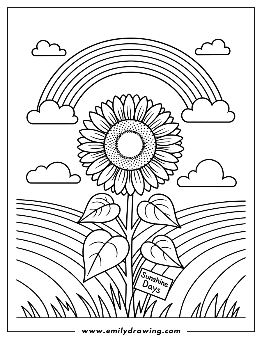 Outline of a large sunflower growing in a field with a rainbow and clouds overhead. A sign near the sunflower reads 'Sunshine Days'.