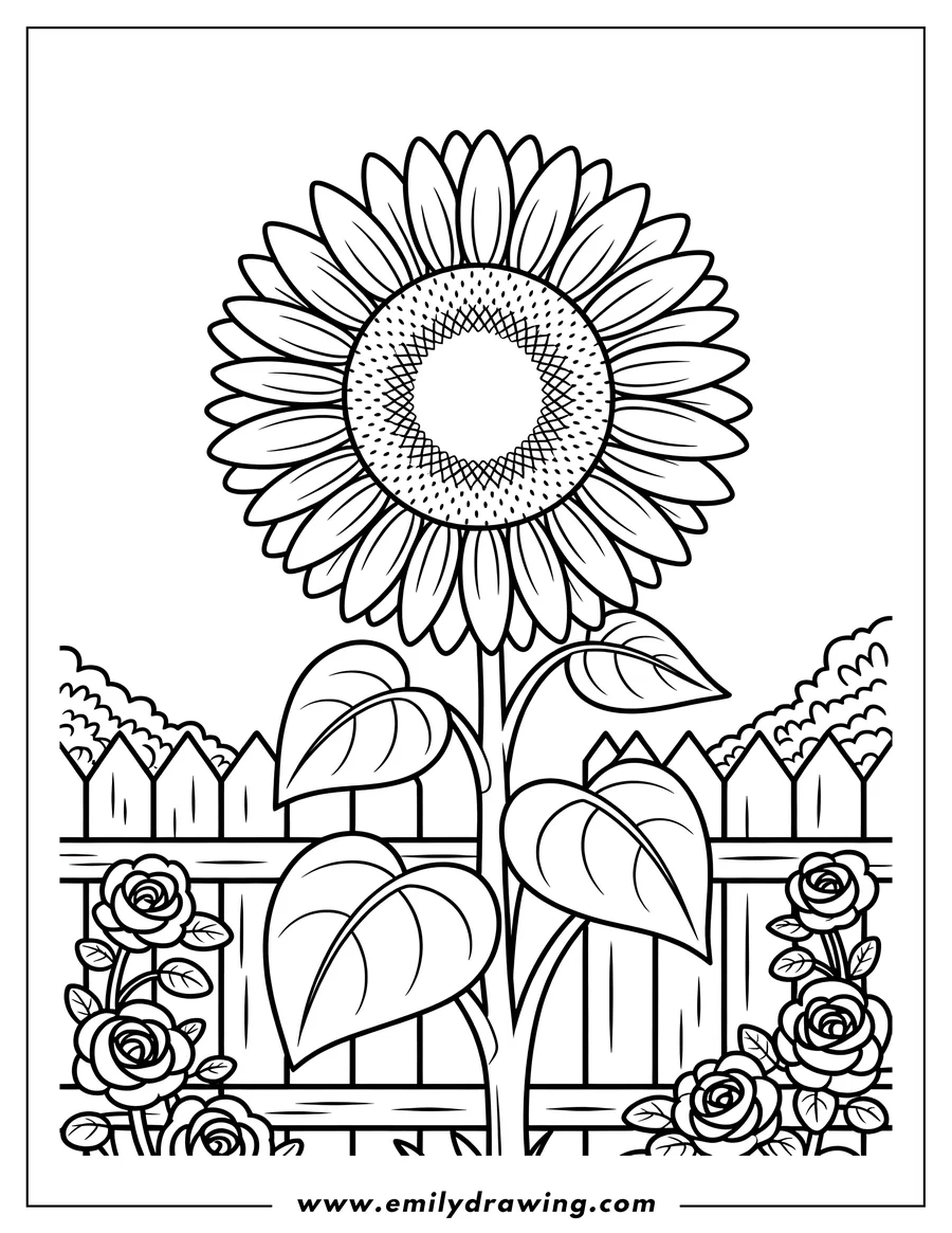 Outline of a tall sunflower with large leaves standing behind a wooden fence. Rose bushes grow on either side of the fence.