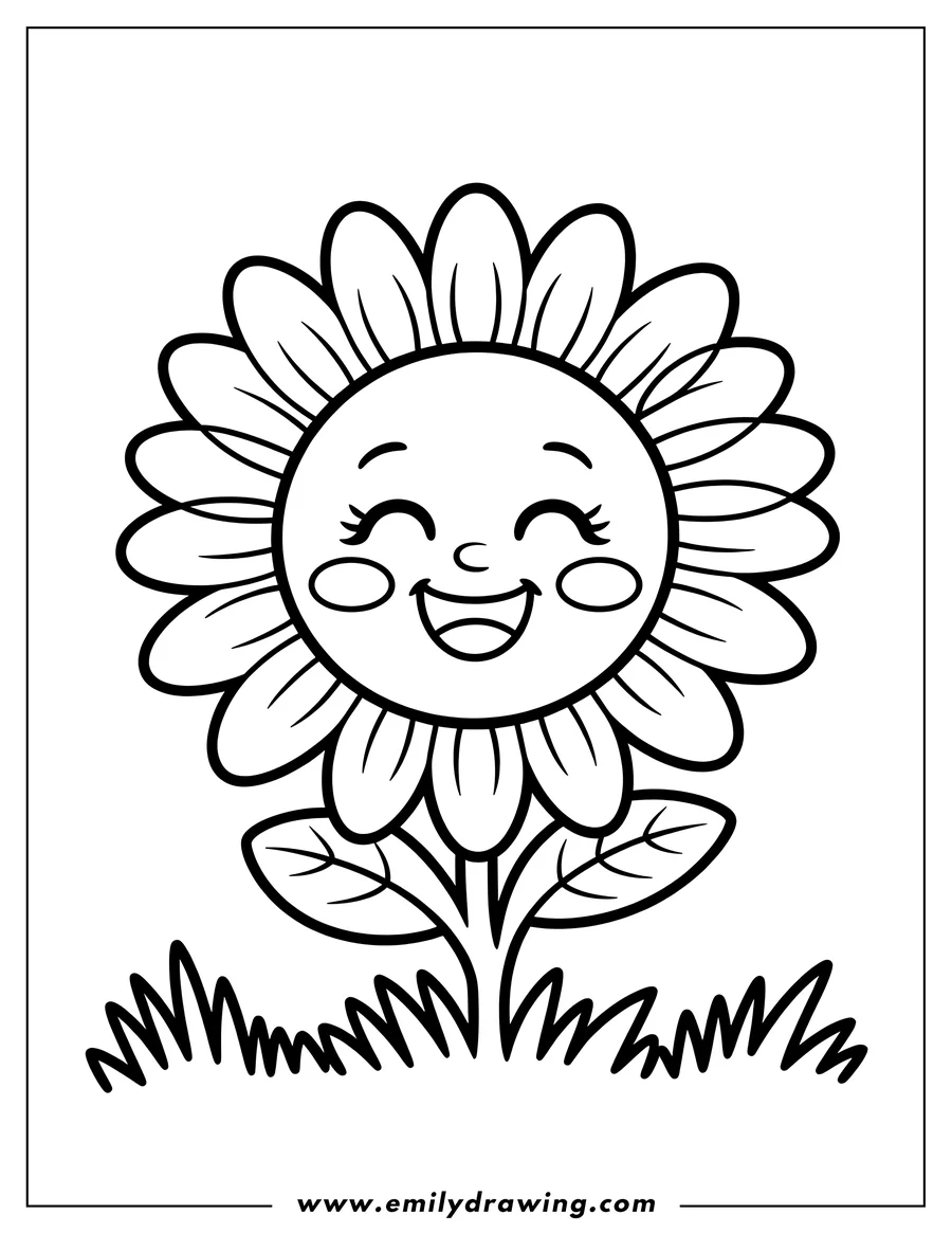 Outline of a cheerful sunflower with a large, smiling face, surrounded by simple grass.
