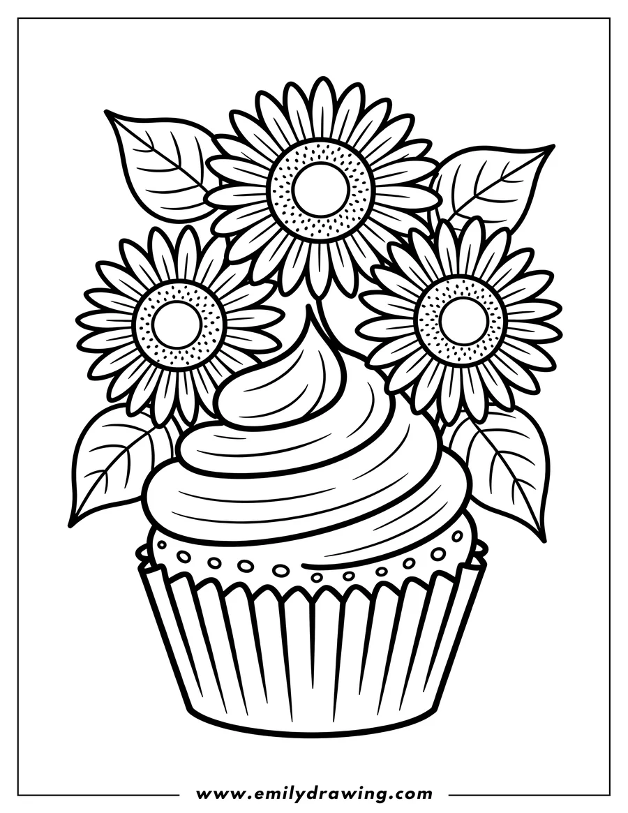 Line art of a cupcake decorated with sunflowers and leaves.