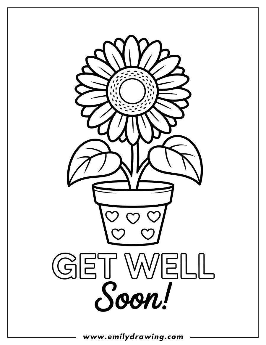 Outline of a sunflower in a pot decorated with hearts, with the words 'Get Well Soon'.