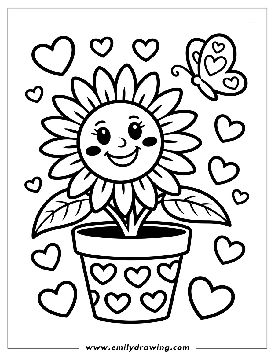 Outline of a smiling sunflower in a heart-decorated pot with a butterfly nearby
