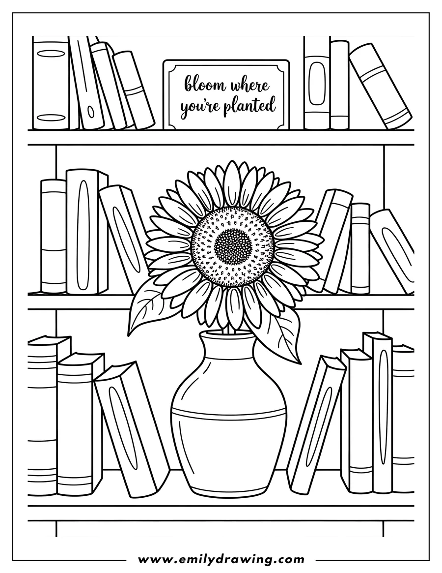 Outline of a sunflower in a vase on a bookshelf filled with books. A sign on the shelf reads 'Bloom where you're planted'.
