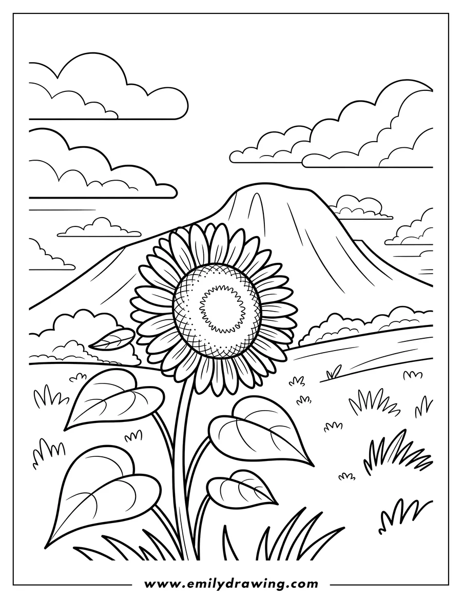 Outline of a sunflower with large petals and leaves, positioned in front of a gently sloping mountain under a cloudy sky.