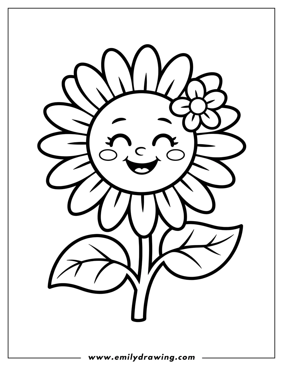 Outline of a cheerful sunflower with a small flower tucked behind its ear.