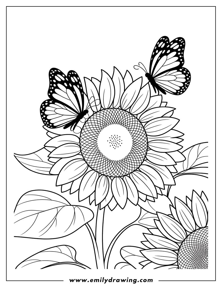 Outline of two butterflies near a large sunflower and a smaller sunflower in the background.