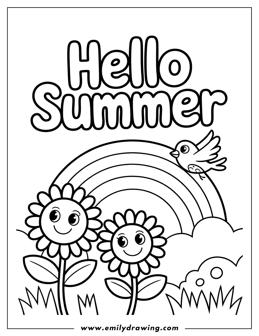 Line art of two sunflowers with smiling faces beneath a rainbow and a small bird flying overhead, with the words 'Hello Summer' above.
