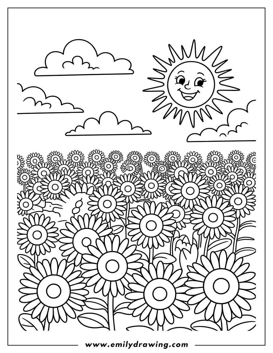 Outline of a field of sunflowers under a smiling sun and fluffy clouds.