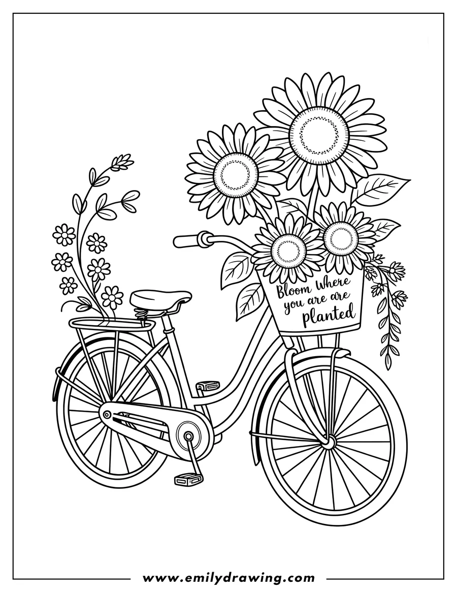 Line art of a bicycle with sunflowers in the basket and smaller flowers on the back. The basket has the phrase 'Bloom where you are planted'.