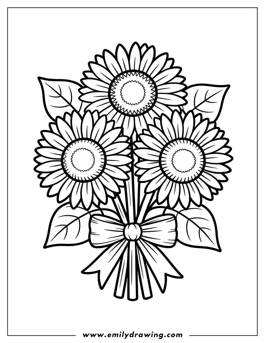 Outline of three sunflowers tied together with a bow to form a bouquet, along with some leaves.