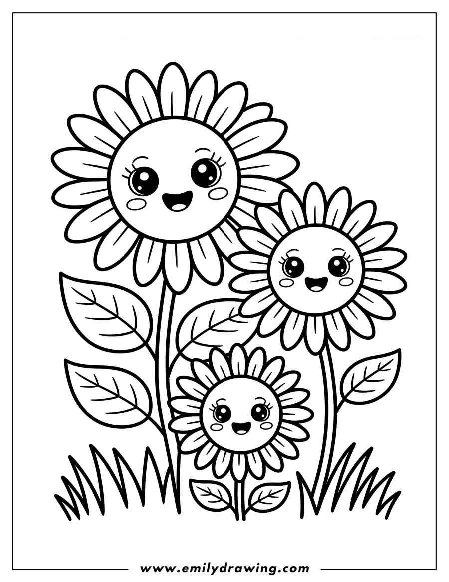 Outline of three smiling sunflowers with large petals and leaves, growing in a patch of grass.