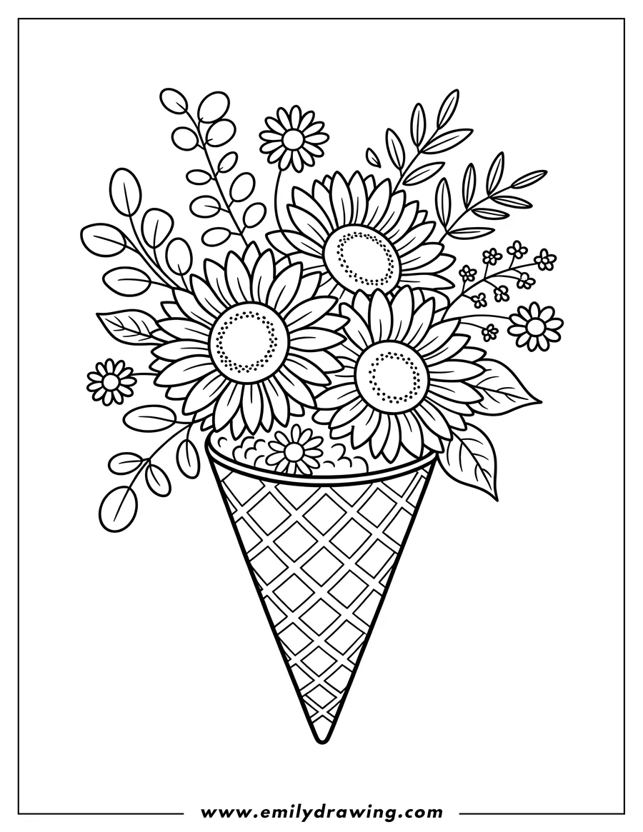 Outline of sunflowers and other small flowers arranged in an ice cream cone.