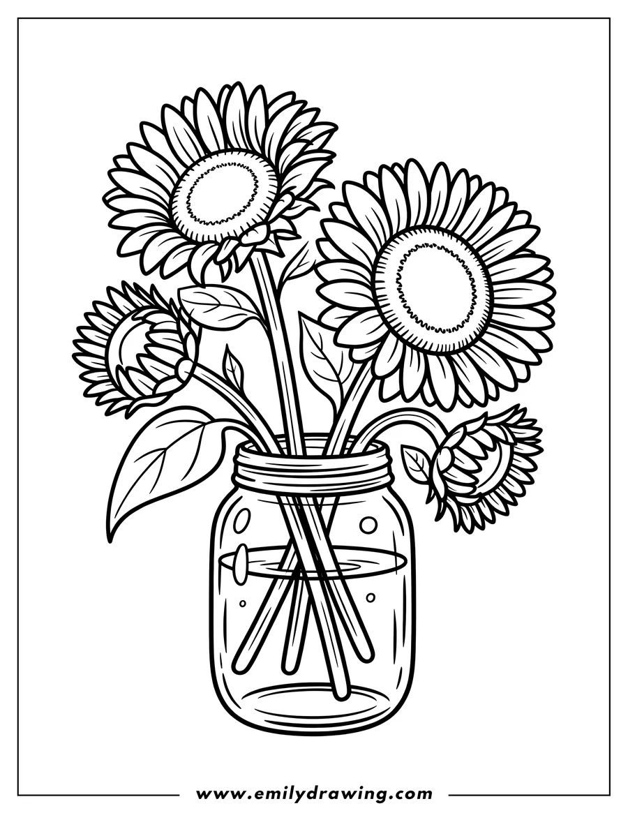 Outline of sunflowers in a glass jar with water.  A cheerful floral arrangement ready for coloring.