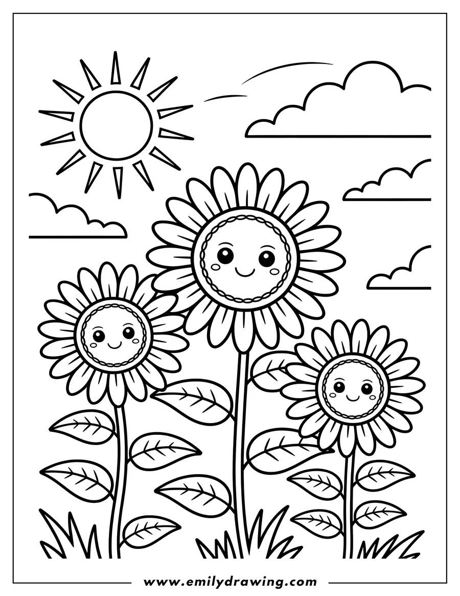 Line art of three sunflowers with smiling faces, growing in grass under a bright sun and fluffy clouds.
