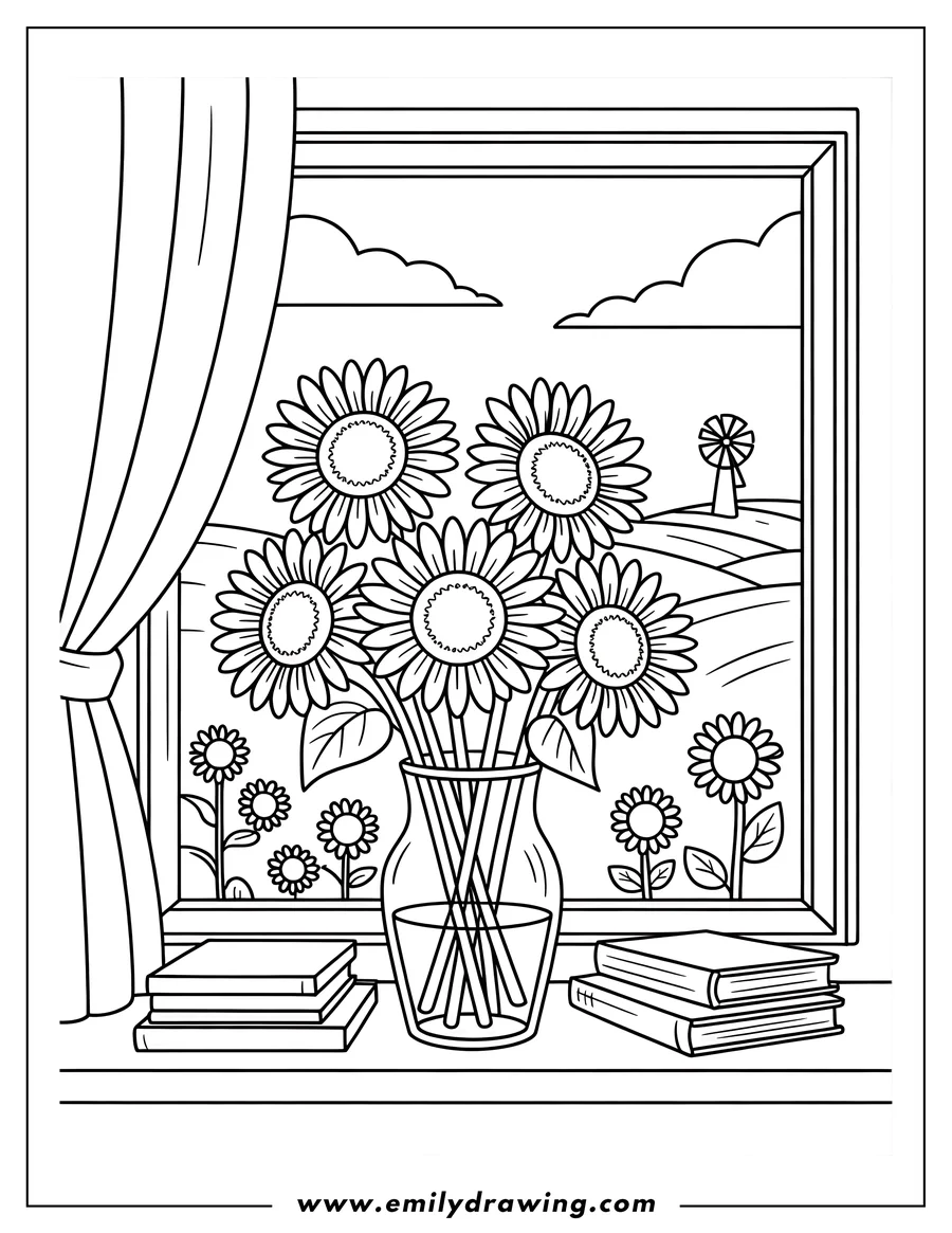 Outline of a bouquet of sunflowers in a glass vase sitting on a windowsill, with a view of a field and windmill outside.