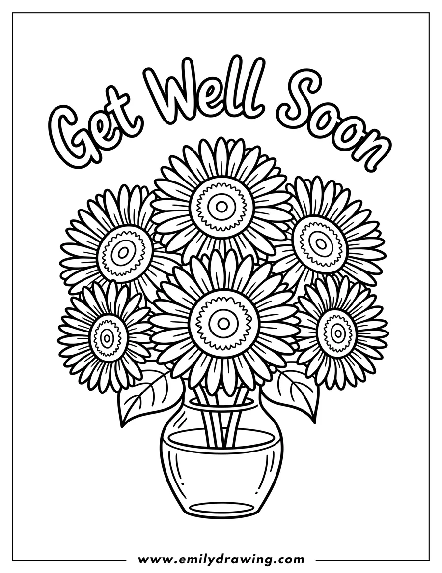 Line art of a bouquet of sunflowers in a clear glass vase, with the words 'Get Well Soon' above.