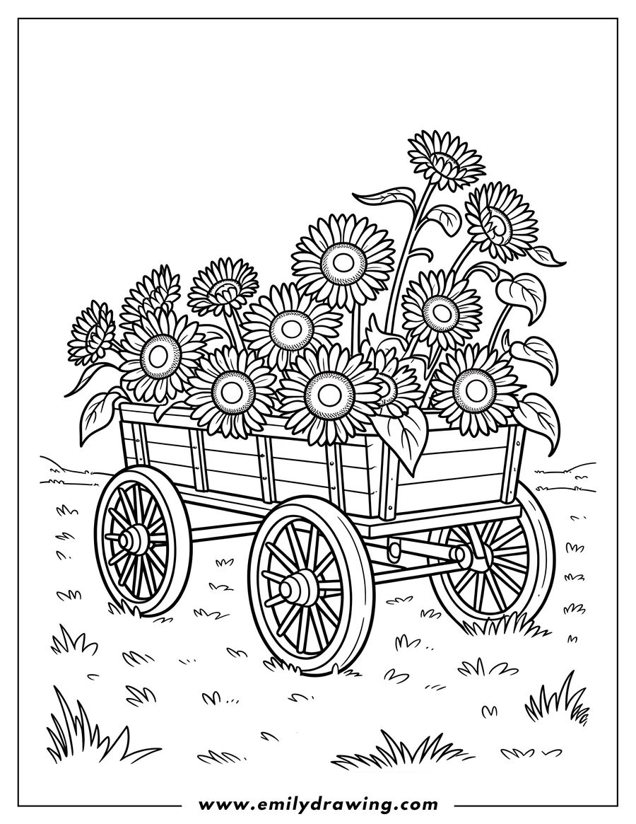 Outline of a wooden wagon filled with a cheerful bunch of sunflowers.