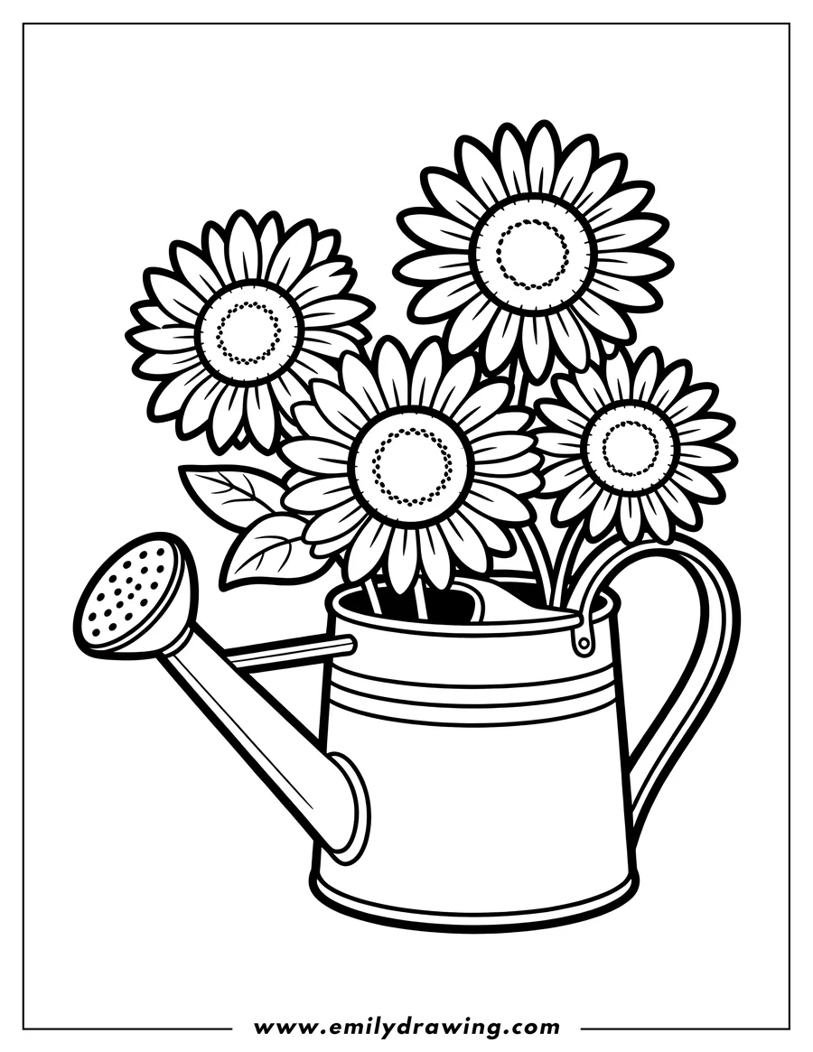 Outline of several sunflowers in a watering can. The watering can has a spout and handle.