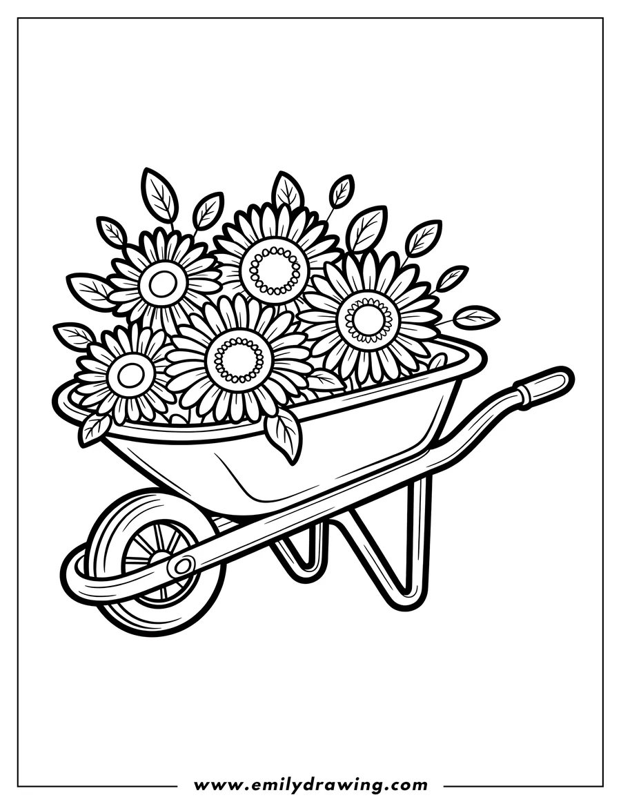 Outline of several sunflowers and leaves arranged in a wheelbarrow.