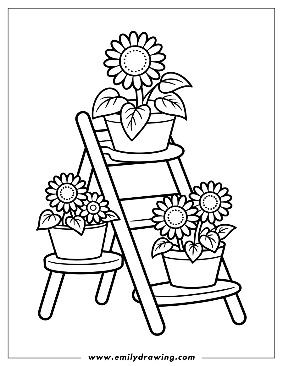 Outline of three sunflowers in pots on a small wooden ladder shelf.