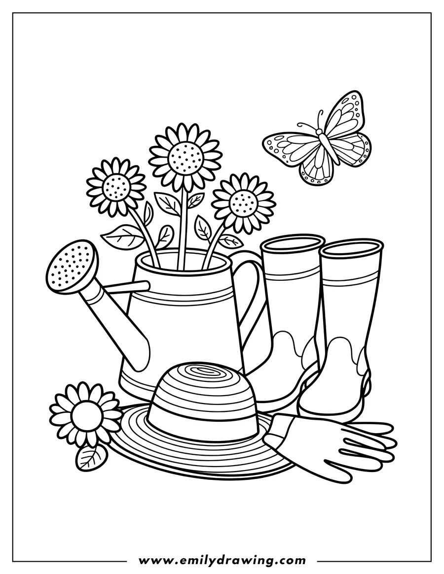 Line art illustration of sunflowers in a watering can, gardening boots, gloves, a sun hat, and a butterfly. Perfect for a gardening-themed coloring page.