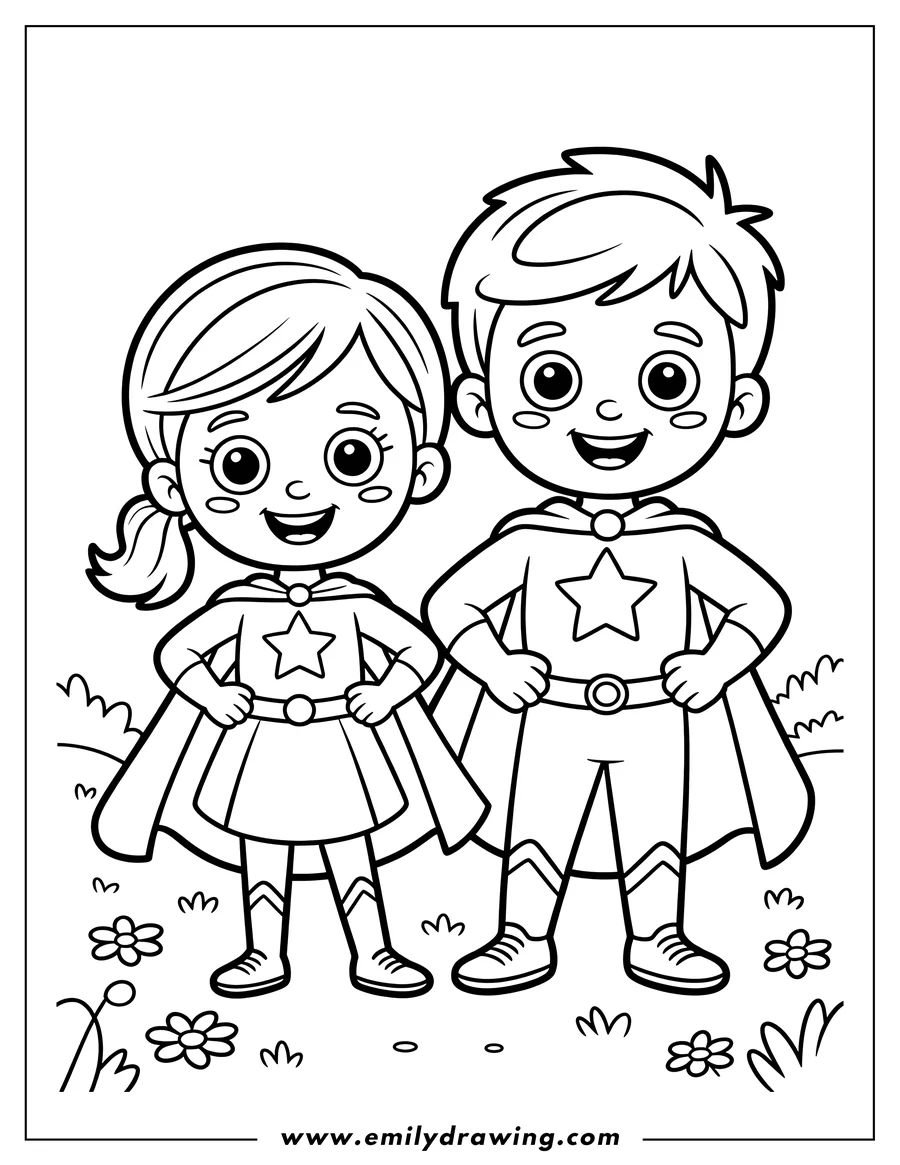 Two young children dressed as superheroes with capes and star badges.