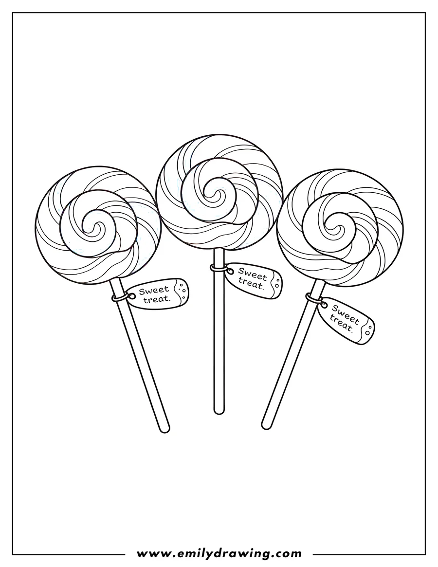 Outline of three swirl lollipops with 
