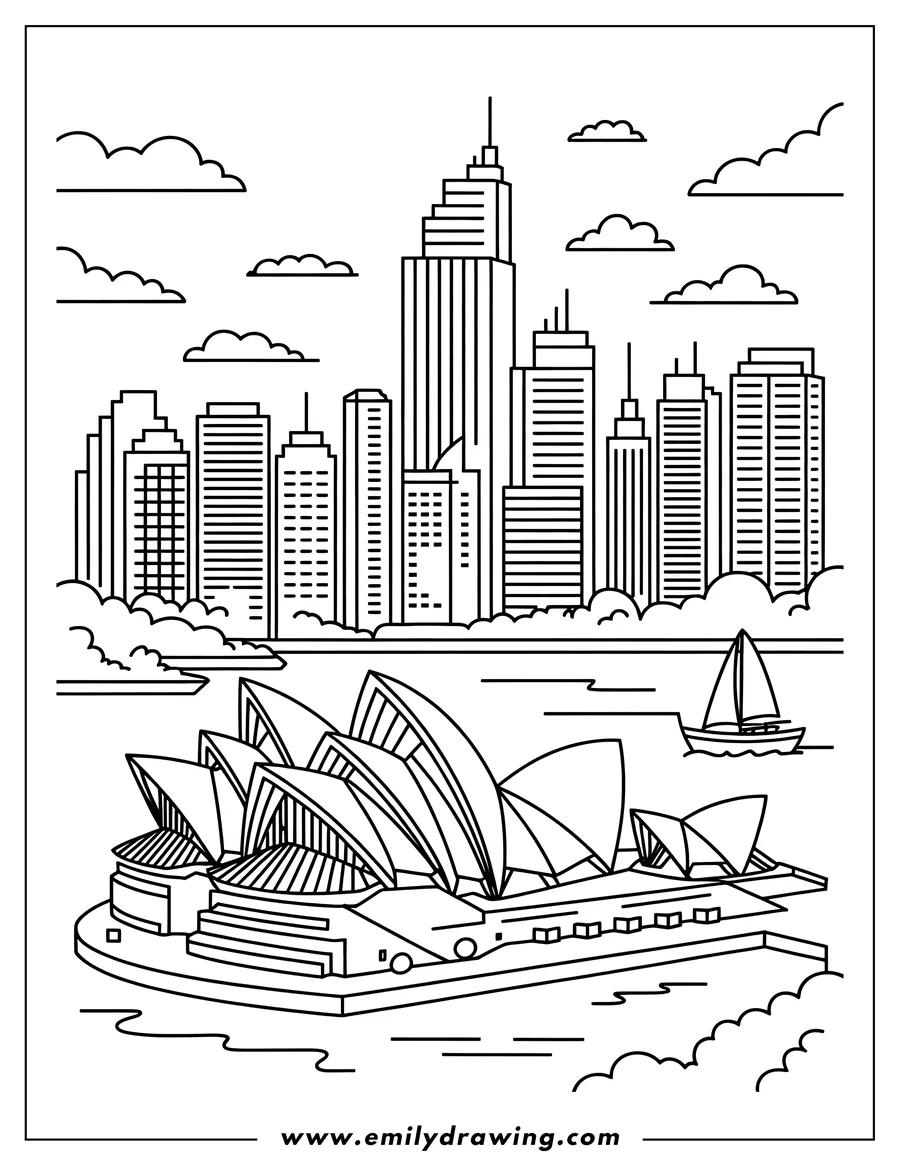 Outline of the Sydney Opera House with a sailboat in the foreground and the city skyline in the background.