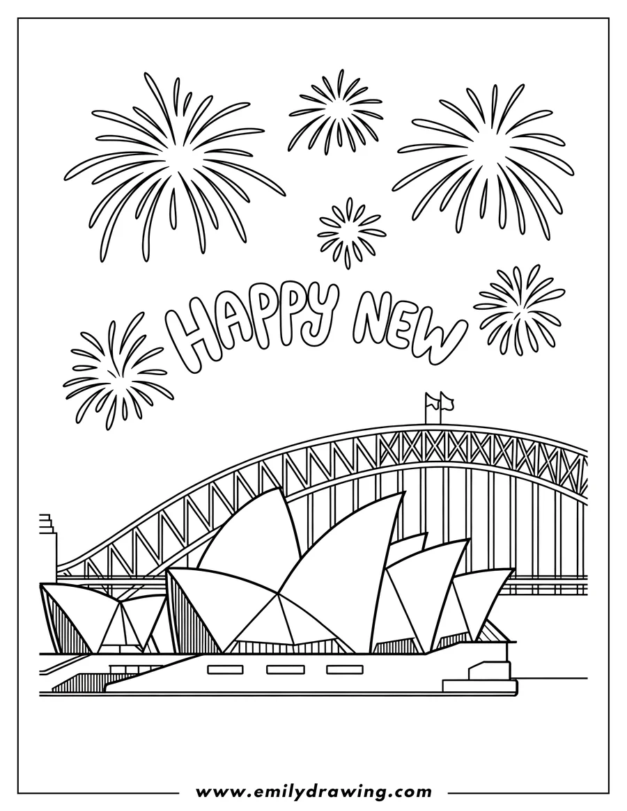 Outline of the Sydney Opera House with fireworks and the Harbour Bridge in the background.