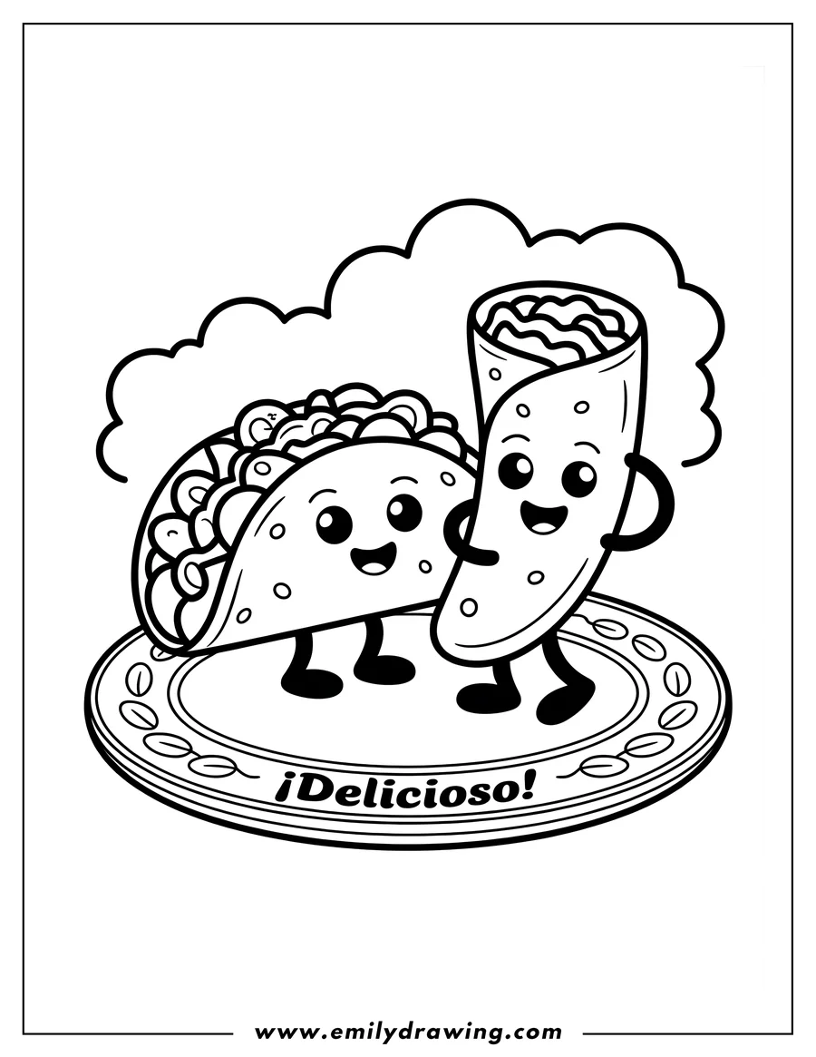 Line art of a smiling taco and burrito standing on a decorated plate. The word 'Delicioso' is written on the plate.