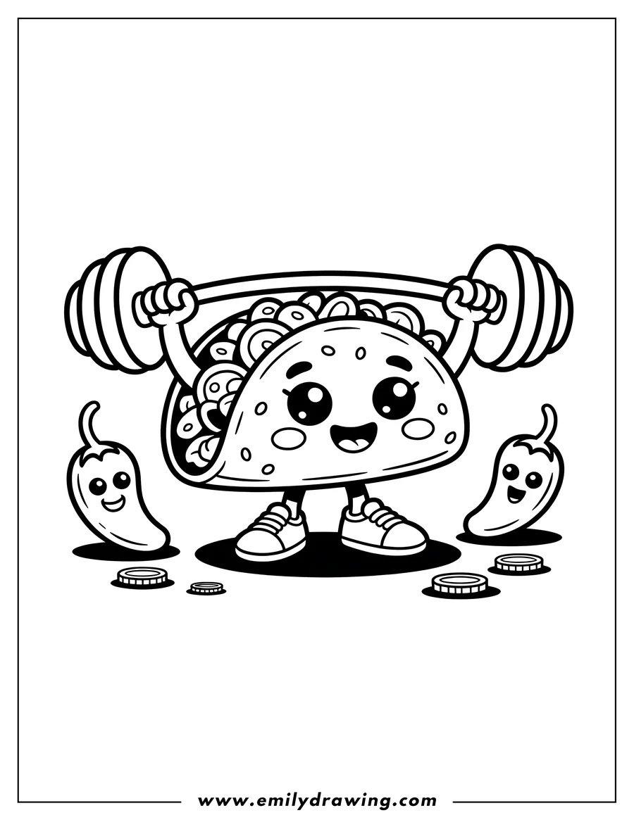 Line art of a smiling taco lifting a barbell, with two cheerful chili peppers on each side and some coins on the floor.
