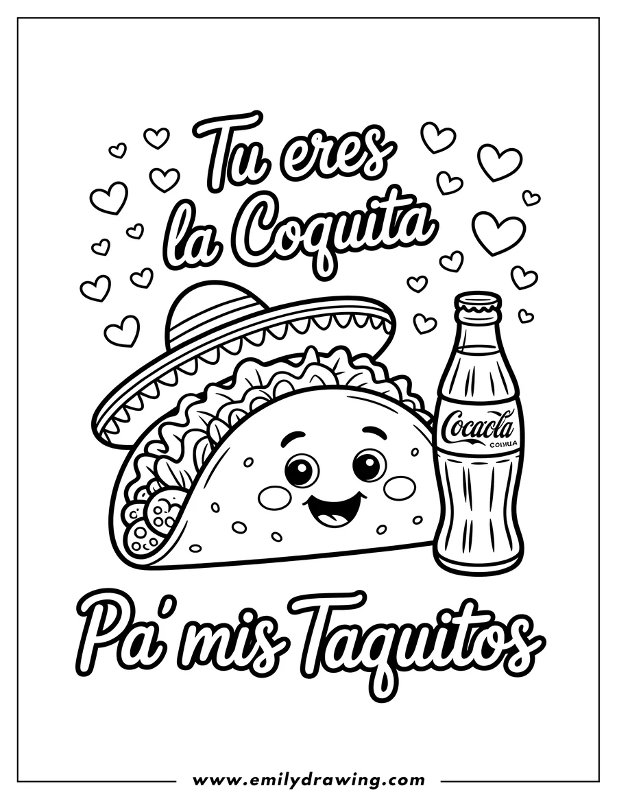Line art of a smiling taco wearing a sombrero next to a bottle of Coca-Cola. Floating hearts decorate the background.