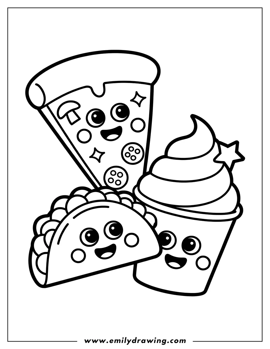 Line art of a smiling taco, a slice of pizza, and a cup of ice cream, all with cute, happy faces.