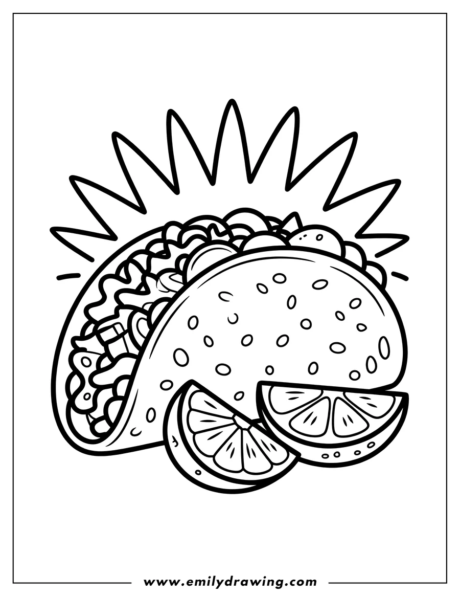 Line art of a taco with lime slices. The taco is filled with various ingredients, and two lime slices are placed next to it.
