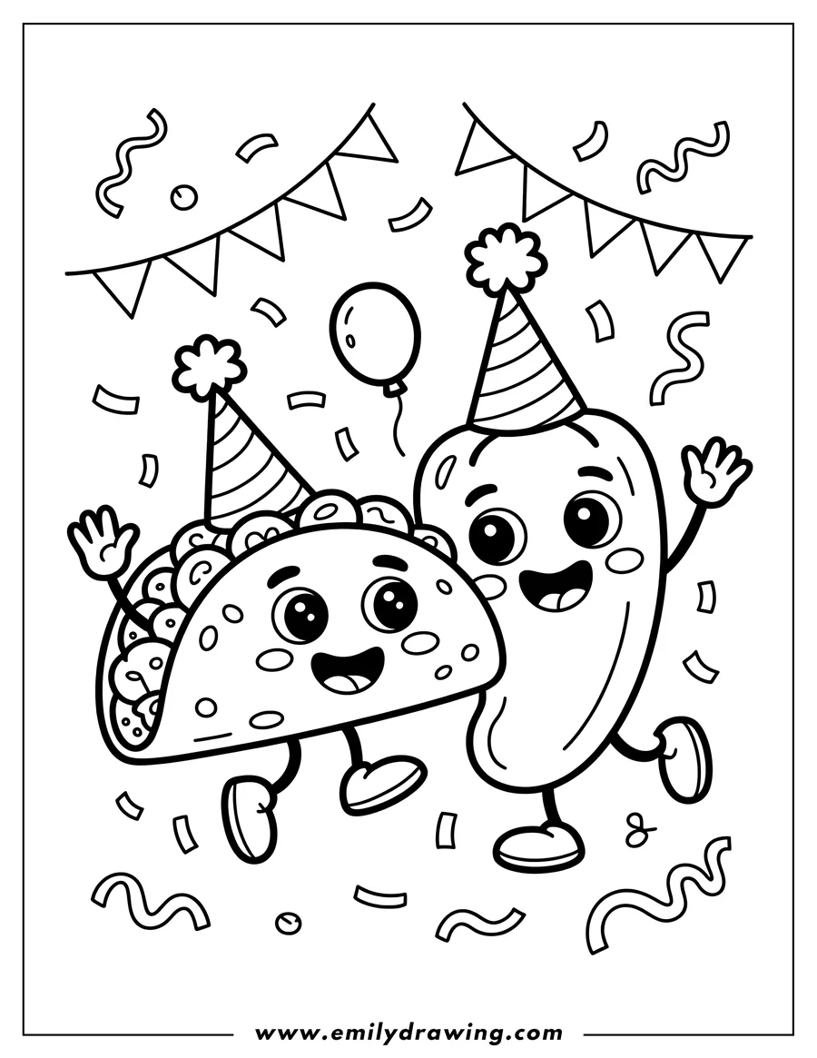 Line art of a taco and a pepper celebrating at a party with hats, streamers, confetti, and a balloon.