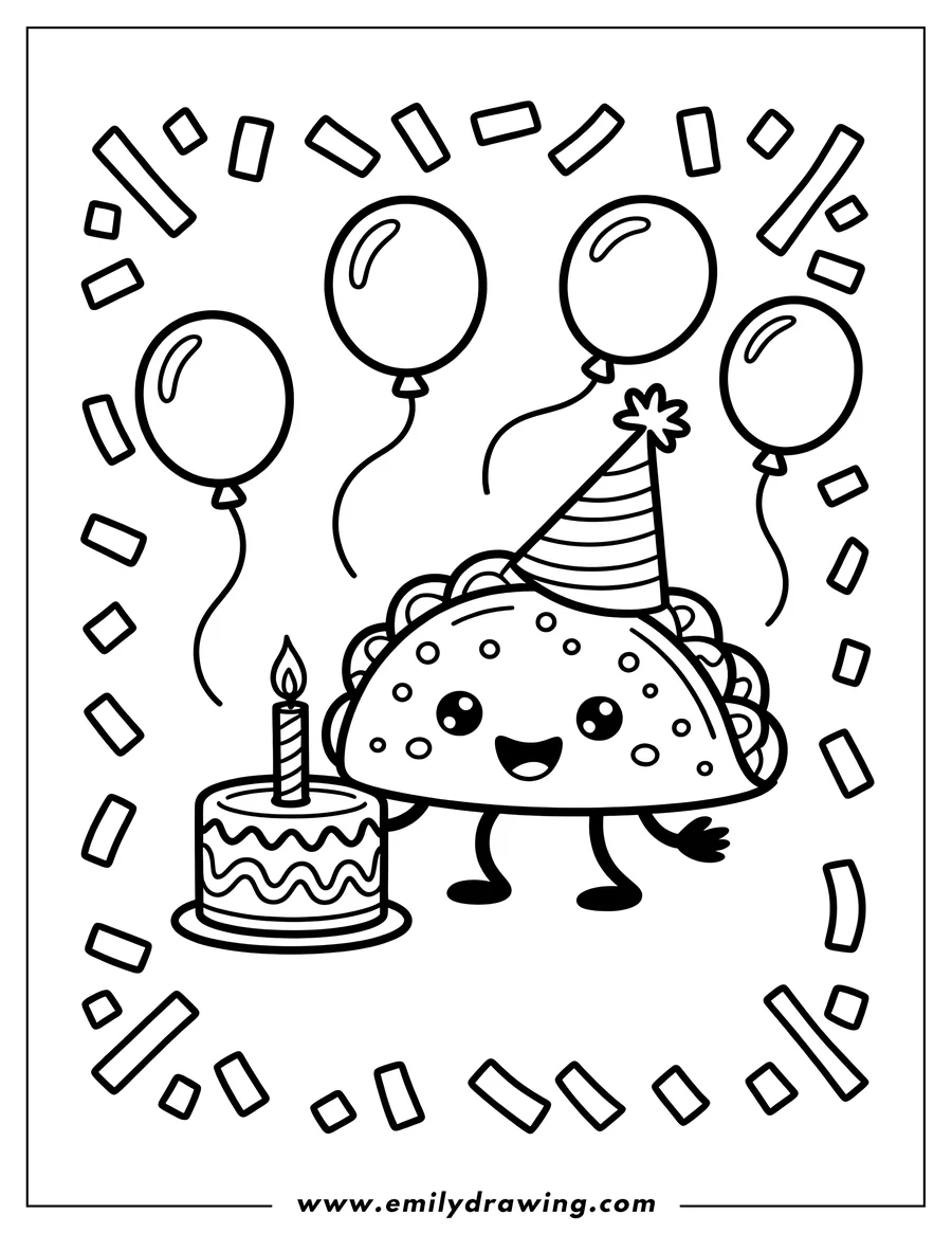 Outline of a smiling taco wearing a birthday hat and holding a birthday cake, surrounded by balloons and confetti.