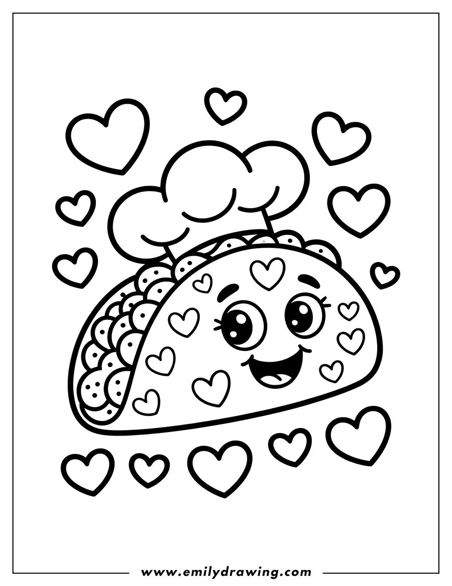Line art of a smiling taco wearing a chef's hat, surrounded by hearts. The taco shell is filled with ingredients and decorated with hearts.
