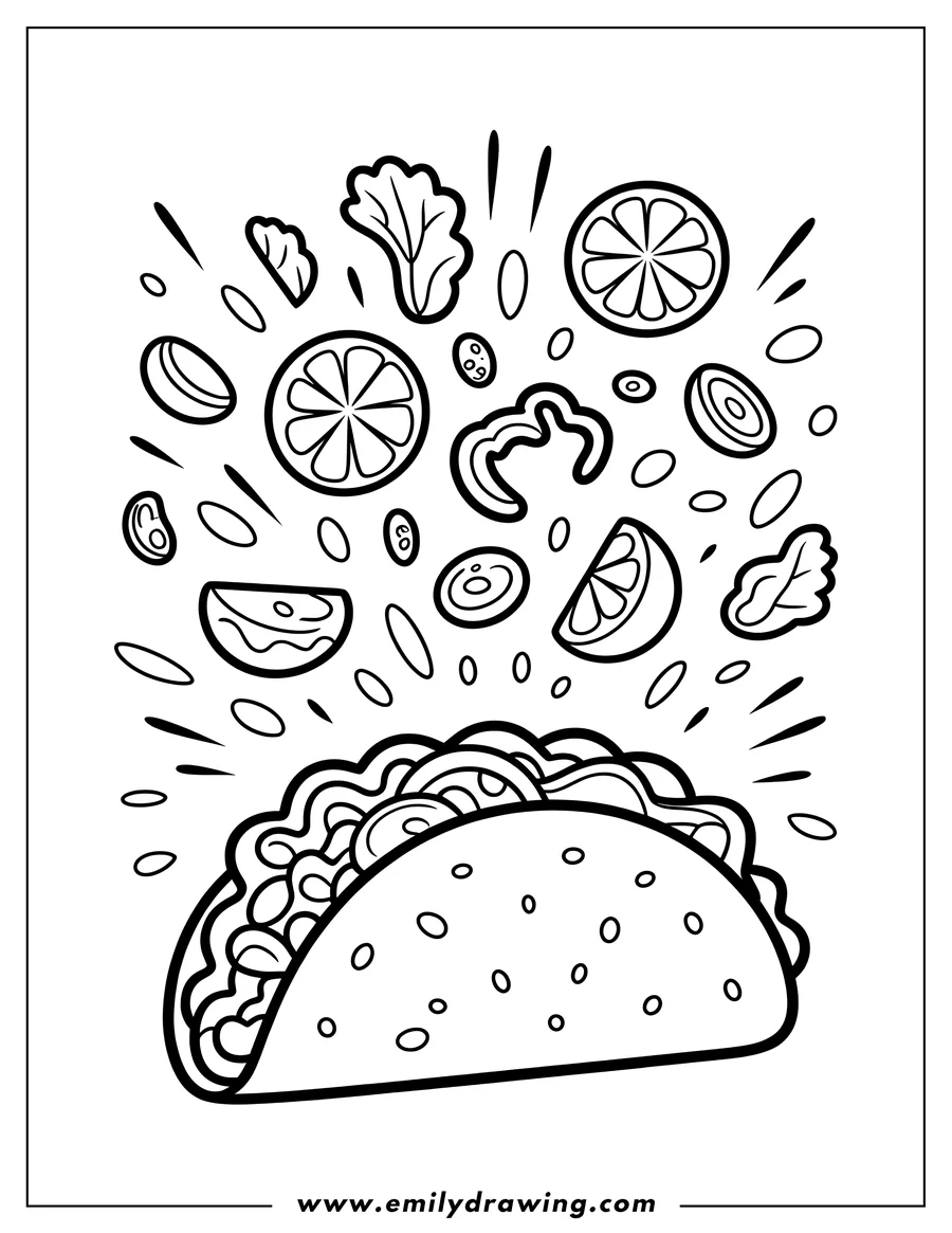 Line art of a taco shell with various ingredients, like lettuce, tomato, onion, and lime, falling above it, ready to be colored.