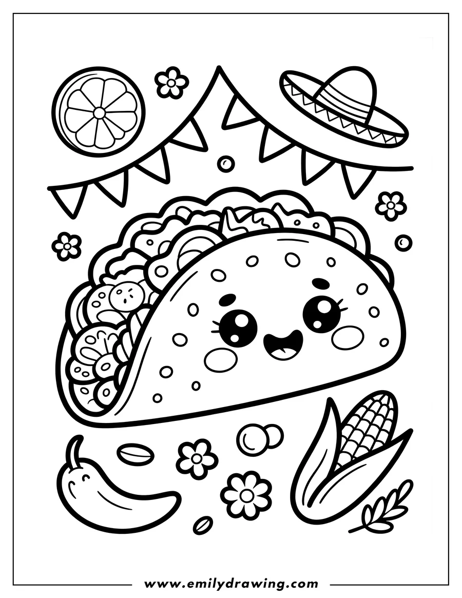 Outline of a smiling taco with festive decorations, including a sombrero, lime, corn, chili pepper, and party banners.