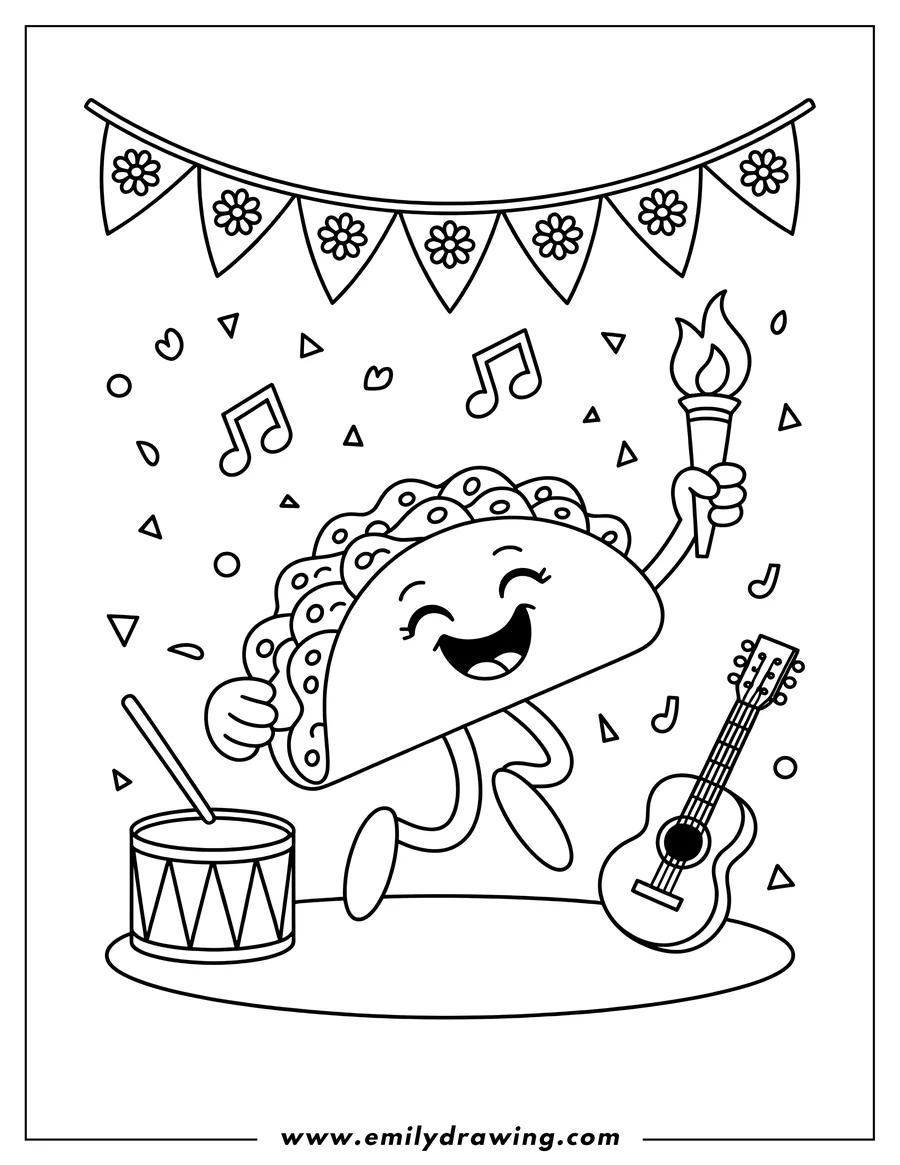 Line art of a happy taco celebrating at a fiesta with a torch, drum, and guitar. Decorations and musical notes surround it.