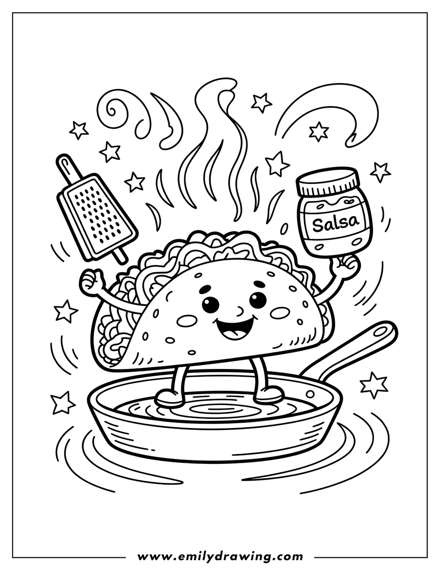 Line art of a cheerful taco standing on a frying pan, holding a jar of salsa. Stars and steam surround the taco, ready for coloring fun.